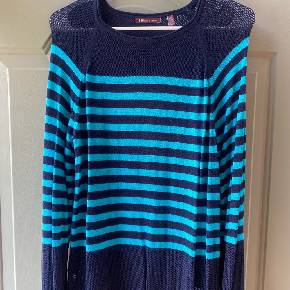 Super comfy striped sweater in blues. Size large.